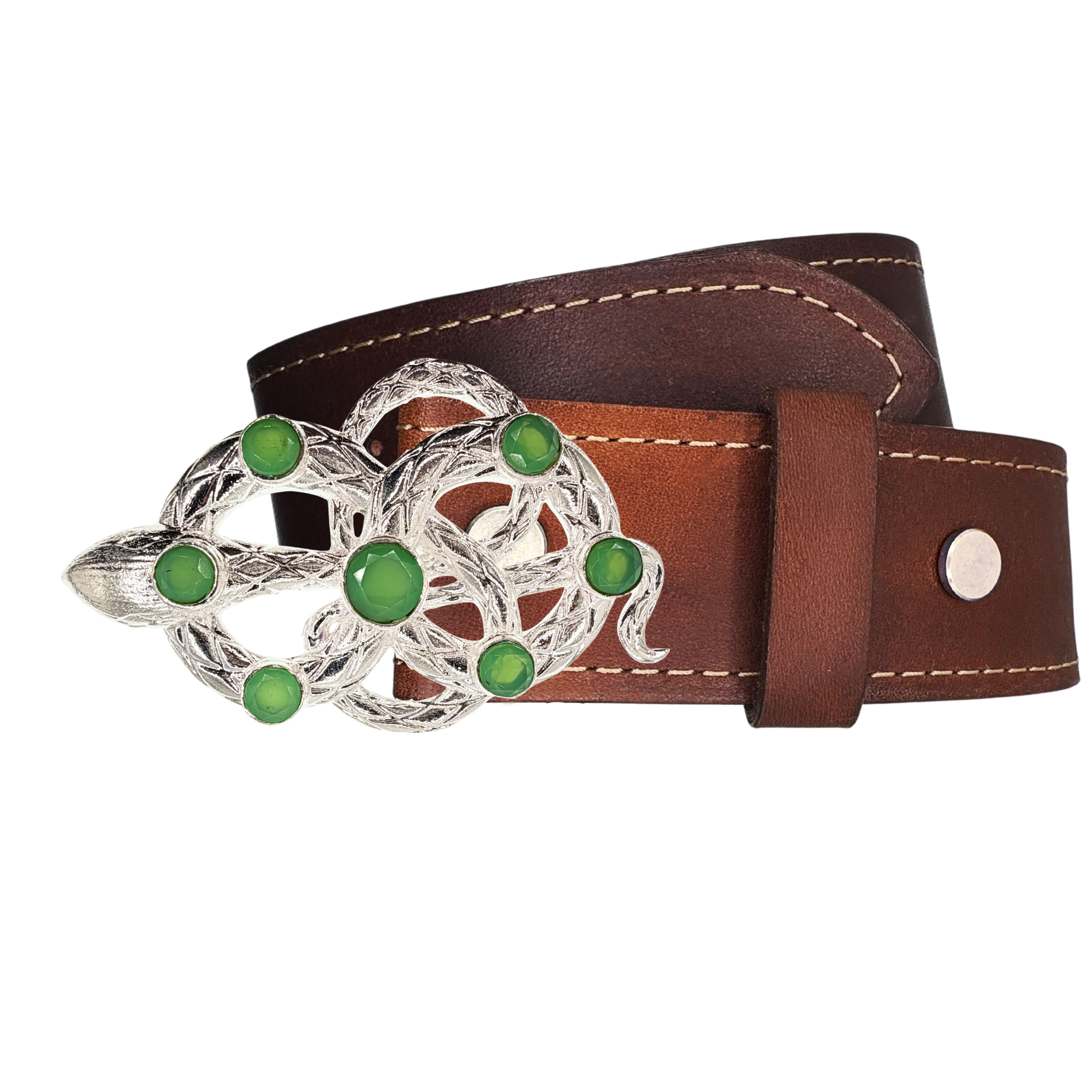 LE SERPENT Faceted Chrysoprase Gemstone Silver Buckle + Artisan Leather Belt