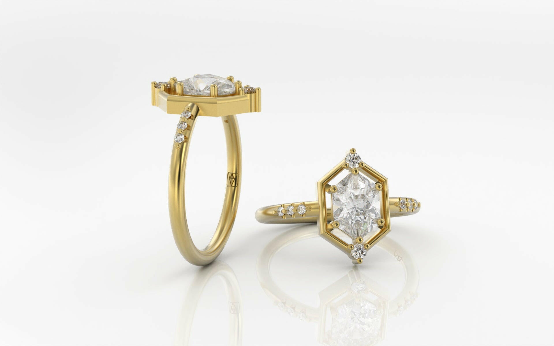 Without You - 14k Recycled Gold Hexagon Engagement Ring + Band Set - Settings Only.