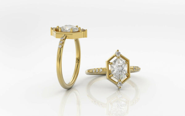 Without You - 14k Recycled Gold Hexagon Engagement Ring + Band Set - Settings Only.