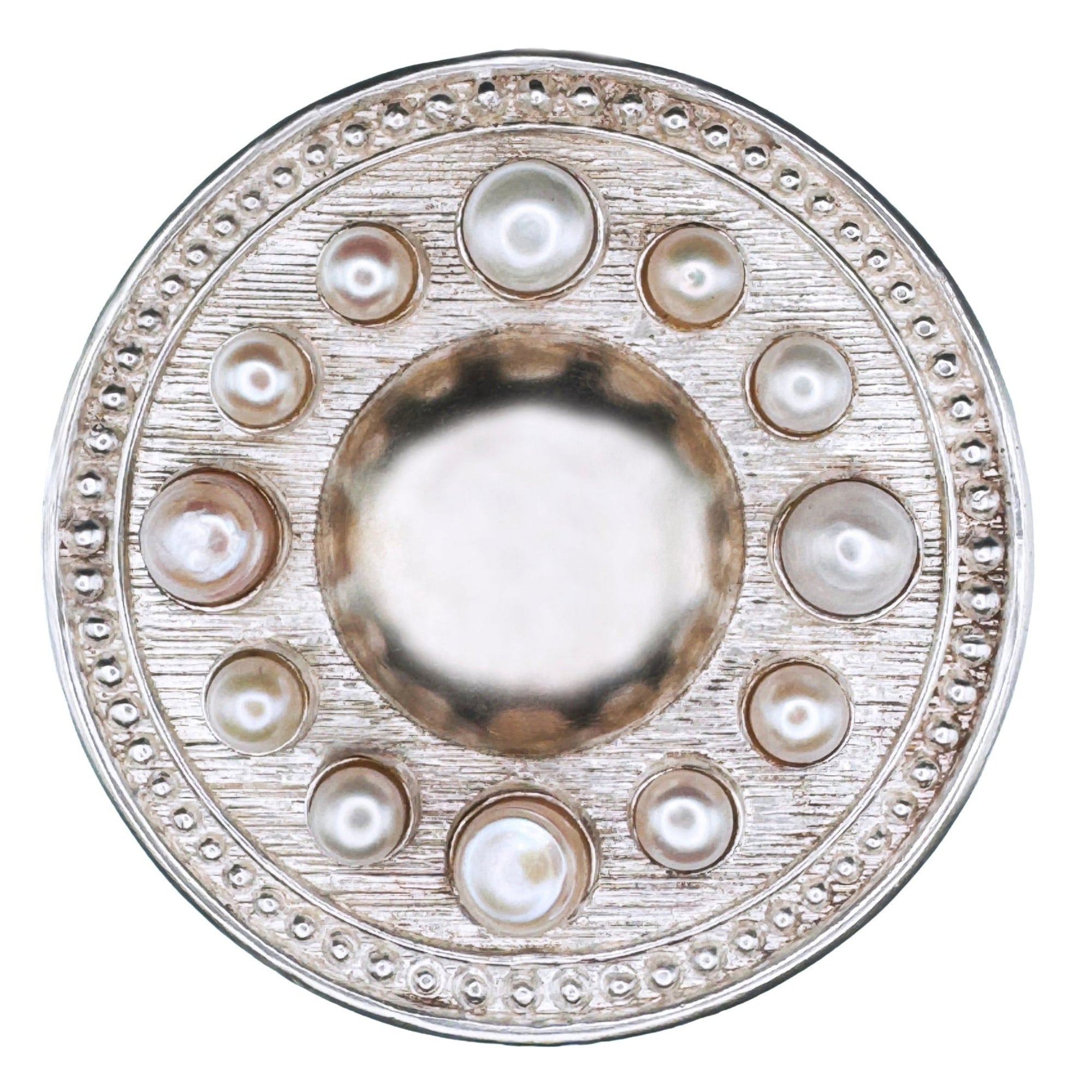 ROUND SILVER BELT BUCKLE WITH PEARL ACCENTS