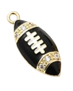 Black and gold football charm with rhinestones on a white background