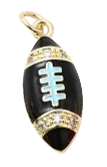 Black & baby blue football-shaped charm with gold accents and rhinestones on a white background