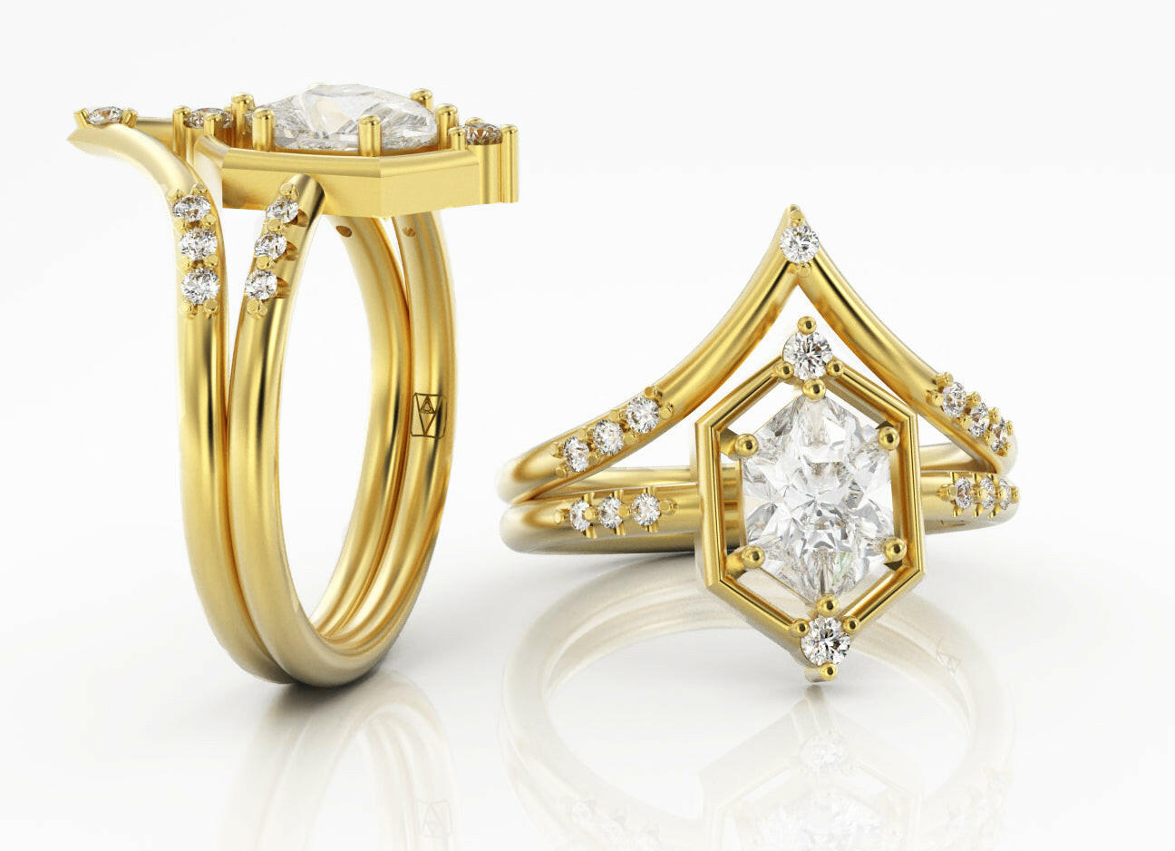 Without You - 14k Recycled Gold Hexagon Engagement Ring + Band Set - Settings Only.