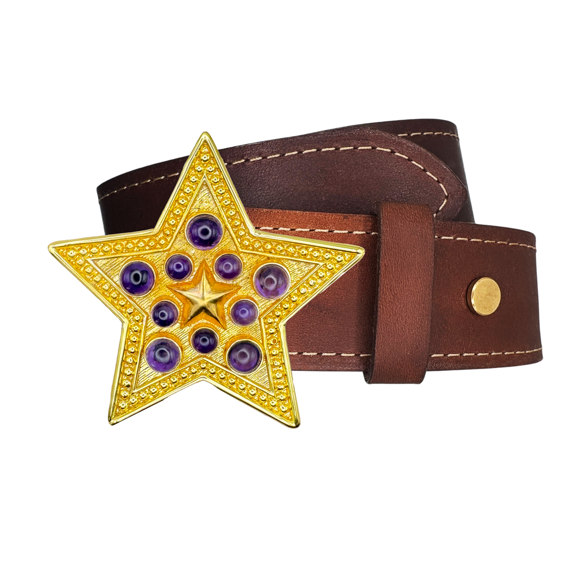 ETOILE Purple Amethyst Gemstone Gold Buckle + Artisan Leather Belt