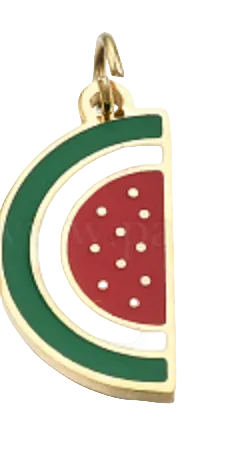 Gold charm shaped like a watermelon slice with green rind and red flesh on a white background