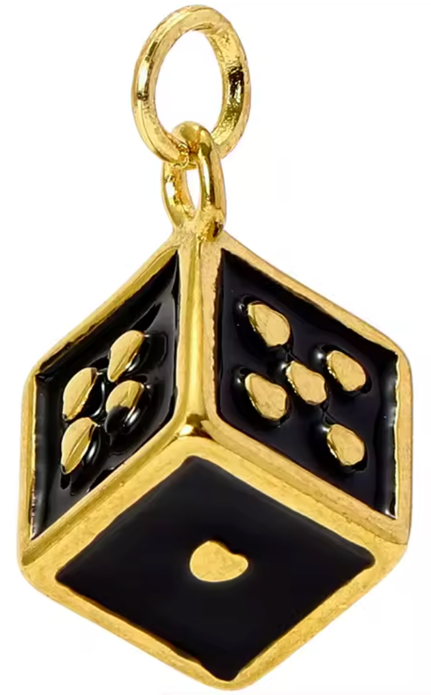 Gold and black dice-shaped charm on a white background