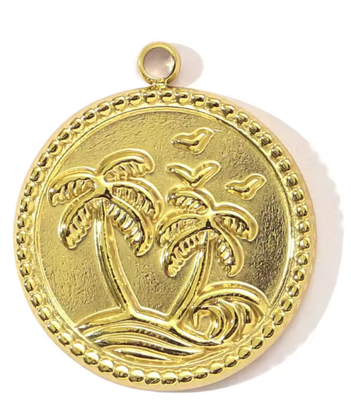 Gold charm with palm tree design on a white background