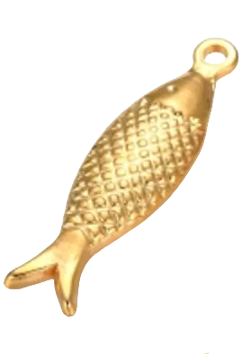 Gold fish-shaped charm on a white background