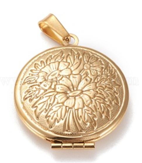 Gold locket charm with floral design on a white background
