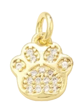 Gold paw print pendant with embedded cz stones on a white background