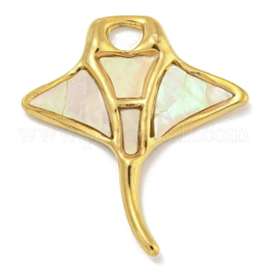 Gold stingray charm with mother of pearl on a white background