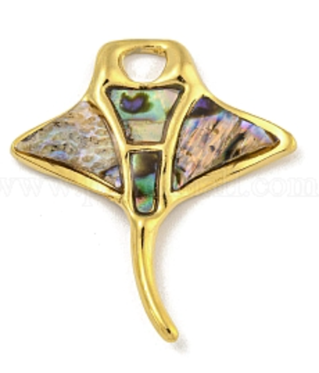 Gold stingray charm with shell on a white background