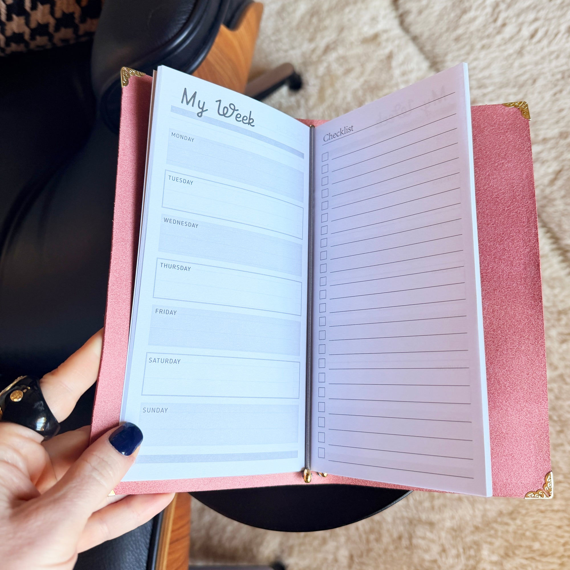 The Planner - Tall Slim Bi-Fold Premium Leather Weekly Planner Journal with Monogram