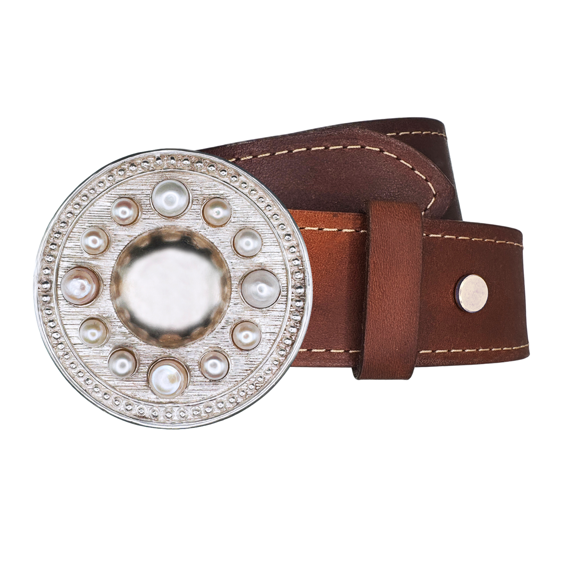 Brown leather belt with a decorative silver circle buckle featuring freshwater pearl cabochons. 