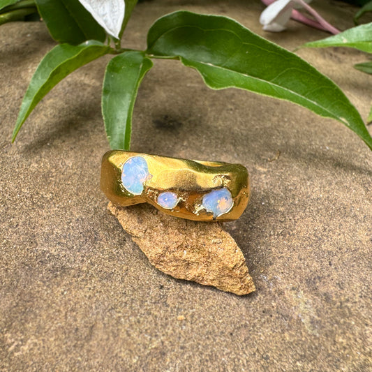 Sterling Silver Nugget Ring, 24k Gold Plated with Opal Nano Gems