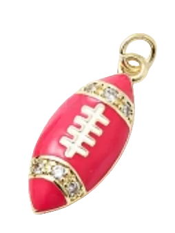 Pink football-shaped charm with gold accents on a white background