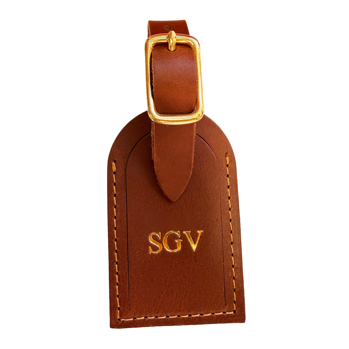 Custom brown leather luggage tag.