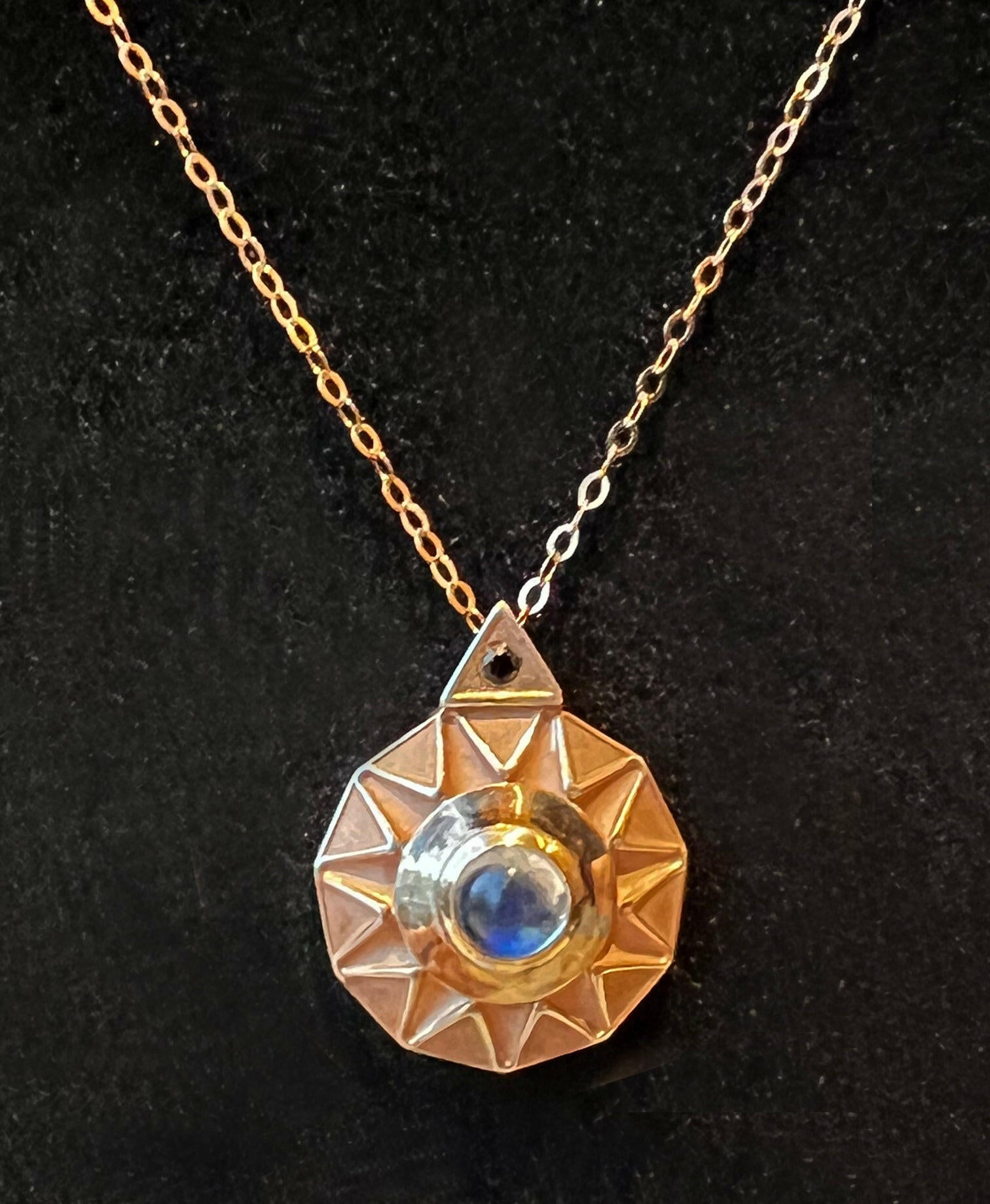 Rising Sun Pendant Necklace - Sterling Silver with Rose Gold Overlay.