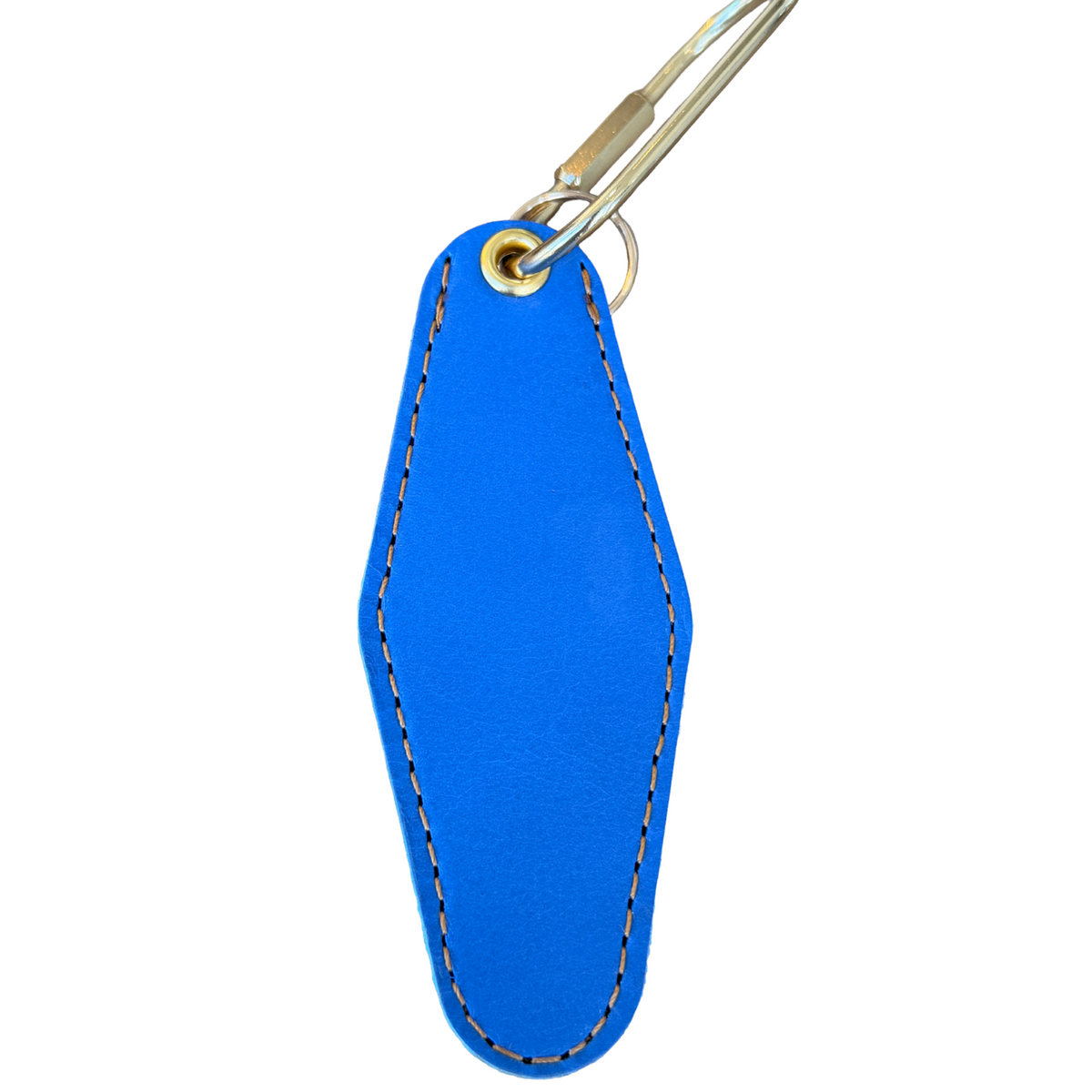 A bright blue leather keychain tag with decorative contrast stitching and a silver metal carabiner clip, shown on a plain white background.