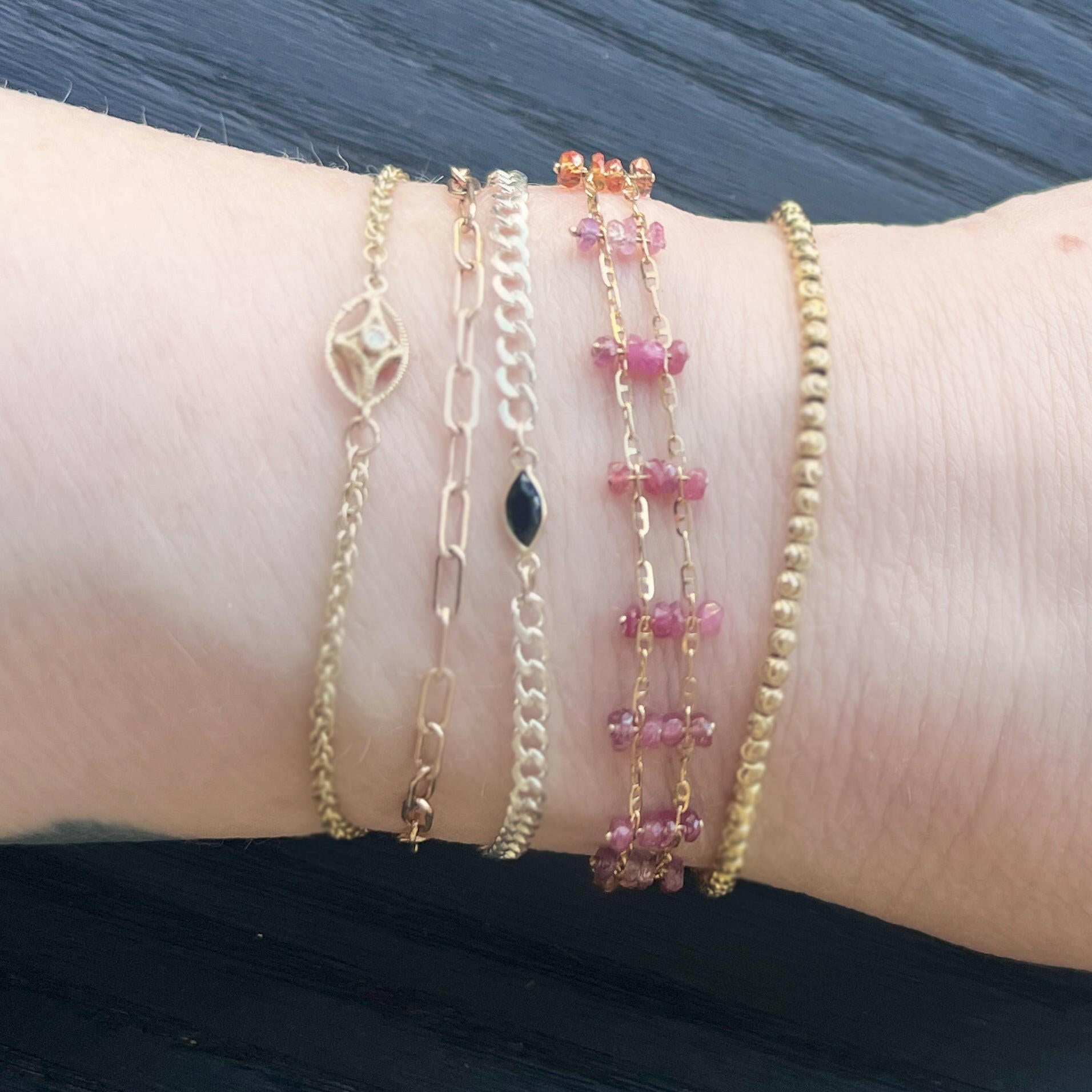 Gemstone Stacker Bracelet - Ombre Rainbow Sapphire + 14K Yellow Gold.