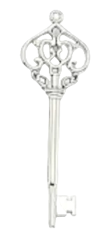Silver decorative key charm on a white background