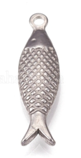 Silver fish-shaped charm on a white background