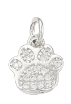 Silver paw print charm with cz stones on a white background