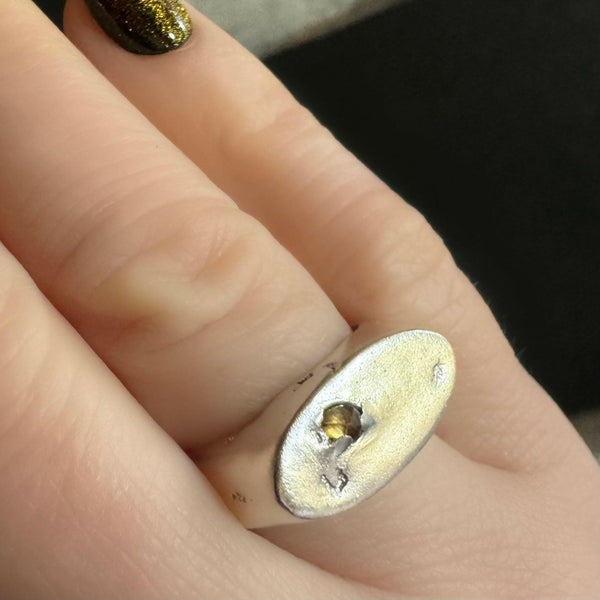 Goldenrod Reverse-set Sapphire Signet Ring in Sterling Silver on finger