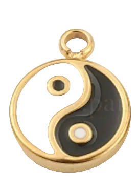 Yin yang symbol charm with gold border on a white background